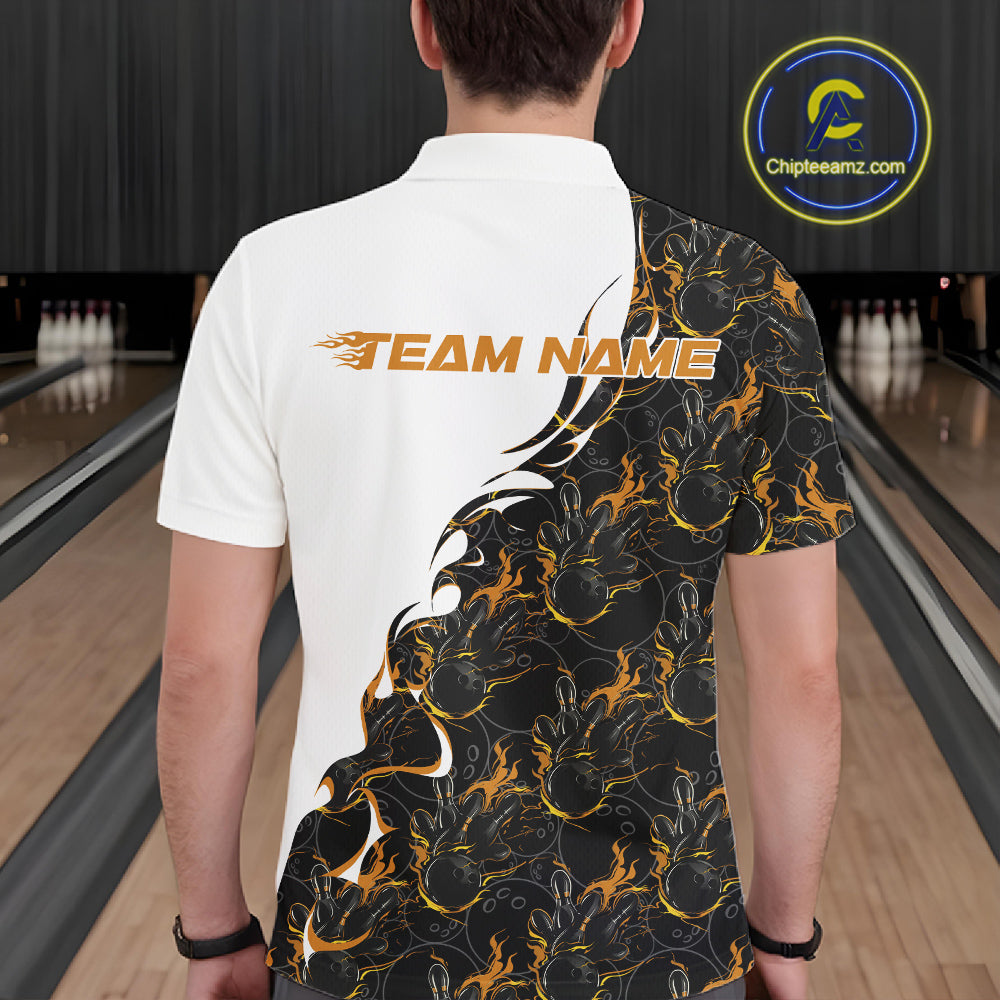Back view of a male model in a bowling lane wearing a white polo shirt with yellow and black flame bowling pattern and dynamic sporty bowling graphics.