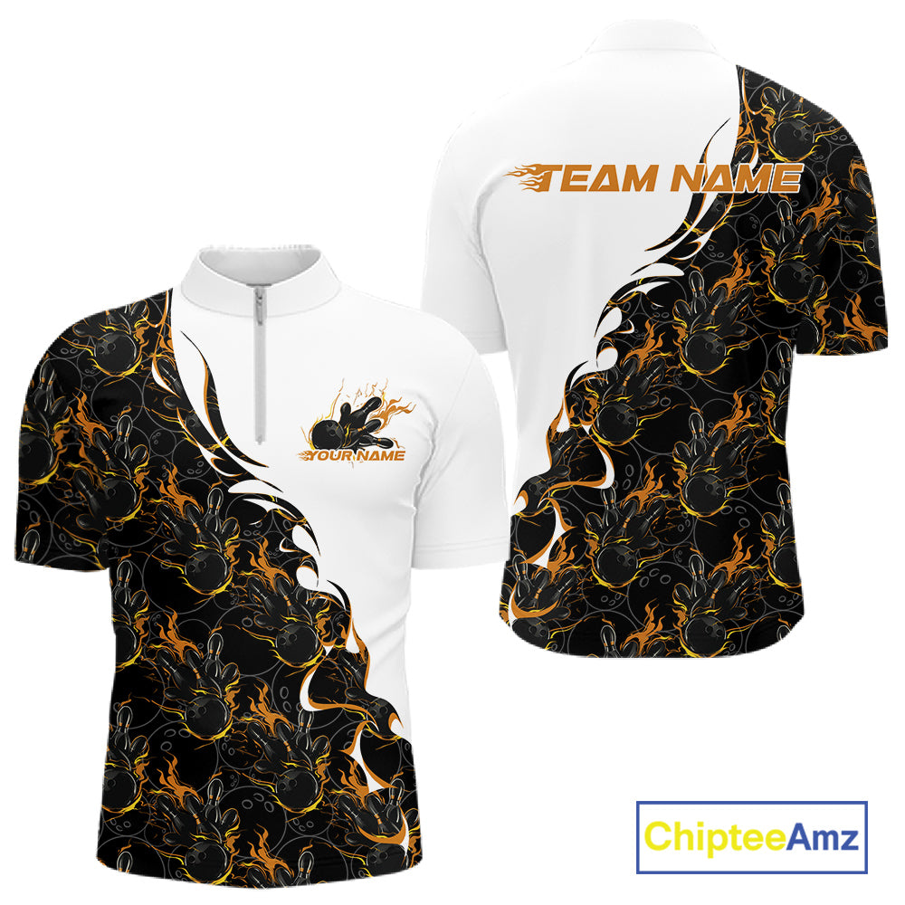 Mens quarter zip bowling shirt mockup featuring white shirt with yellow and black flame bowling pattern in a high-energy sportswear design