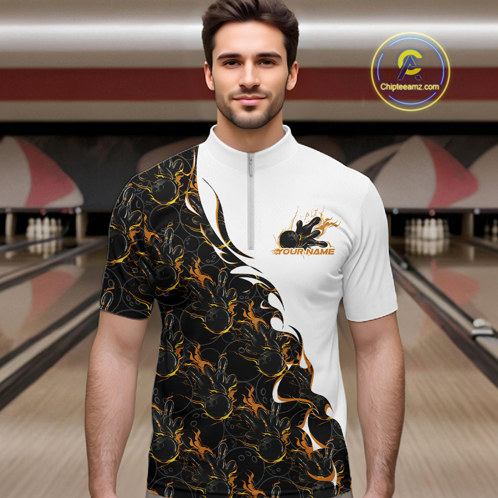 Male model in a bowling lane wearing white quarter zip shirt, front view showcasing yellow and black flame pattern with dynamic bowling-themed graphics