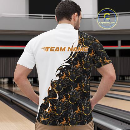 Male model in a bowling lane wearing a white quarter zip shirt, front view featuring yellow and black flame bowling pattern with dynamic sports graphics