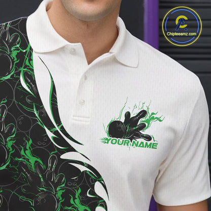 Close-up view of the left chest of a white bowling polo shirt showing green and black flame bowling pattern with detailed sporty design.