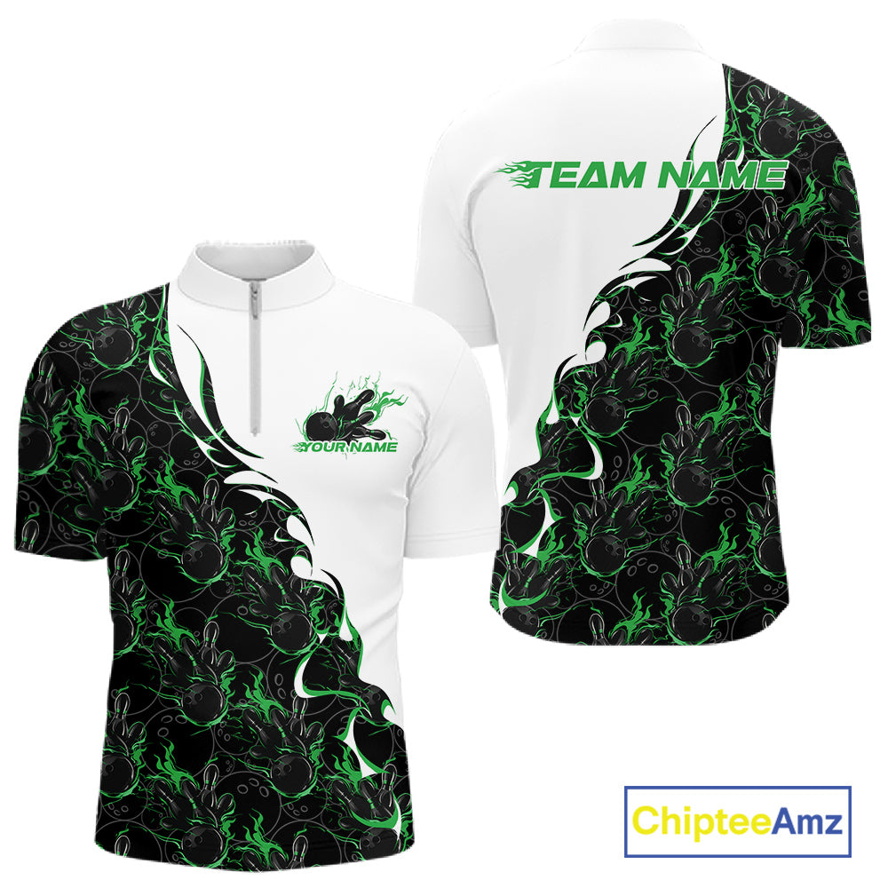 Mens quarter zip bowling shirt mockup displaying white shirt with green and black flame bowling pattern in a bold and energetic sports design