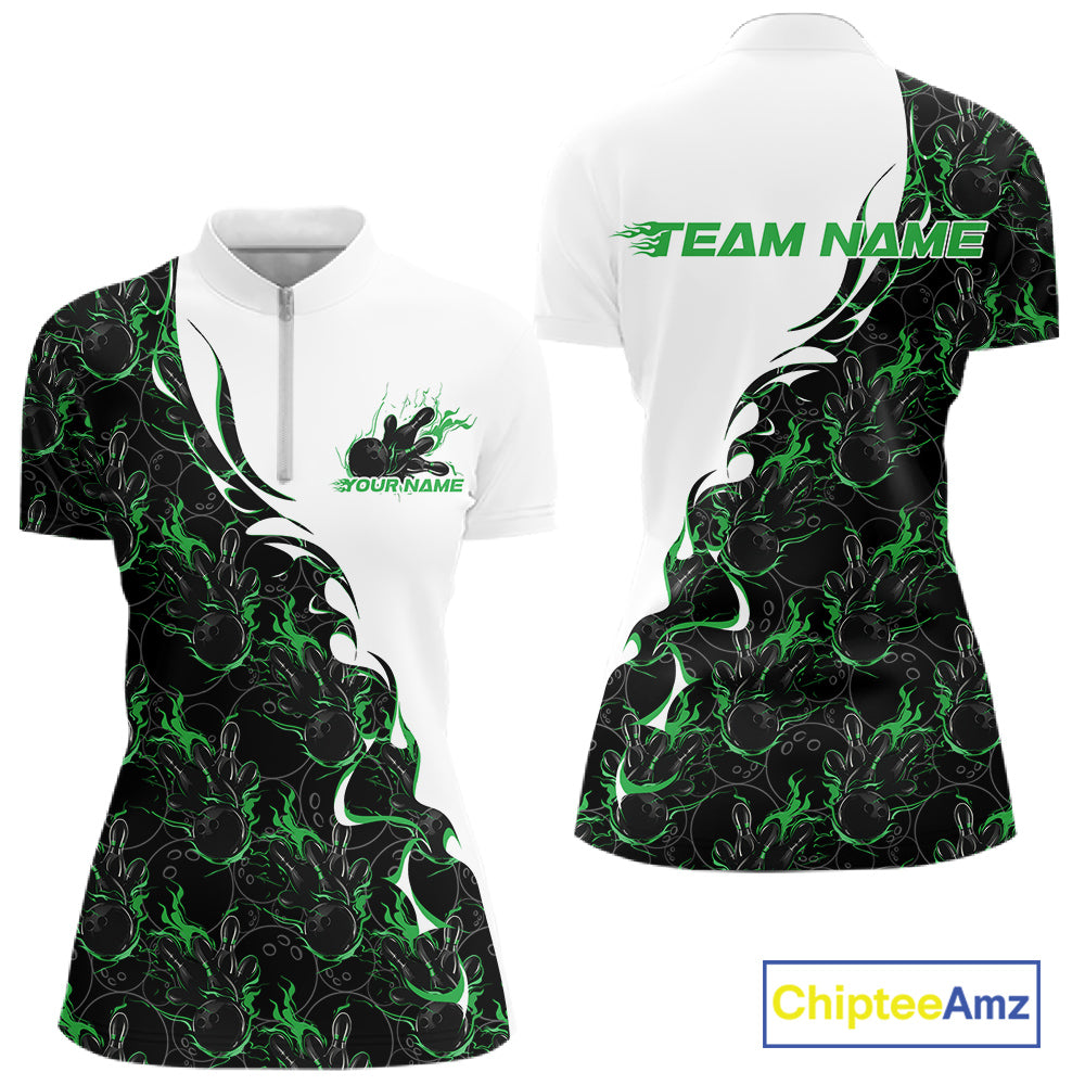 Front and back view of a white bowling quarter-zip shirt mockup with green and black flame bowling pattern, showcasing bold sporty bowling-themed graphics.