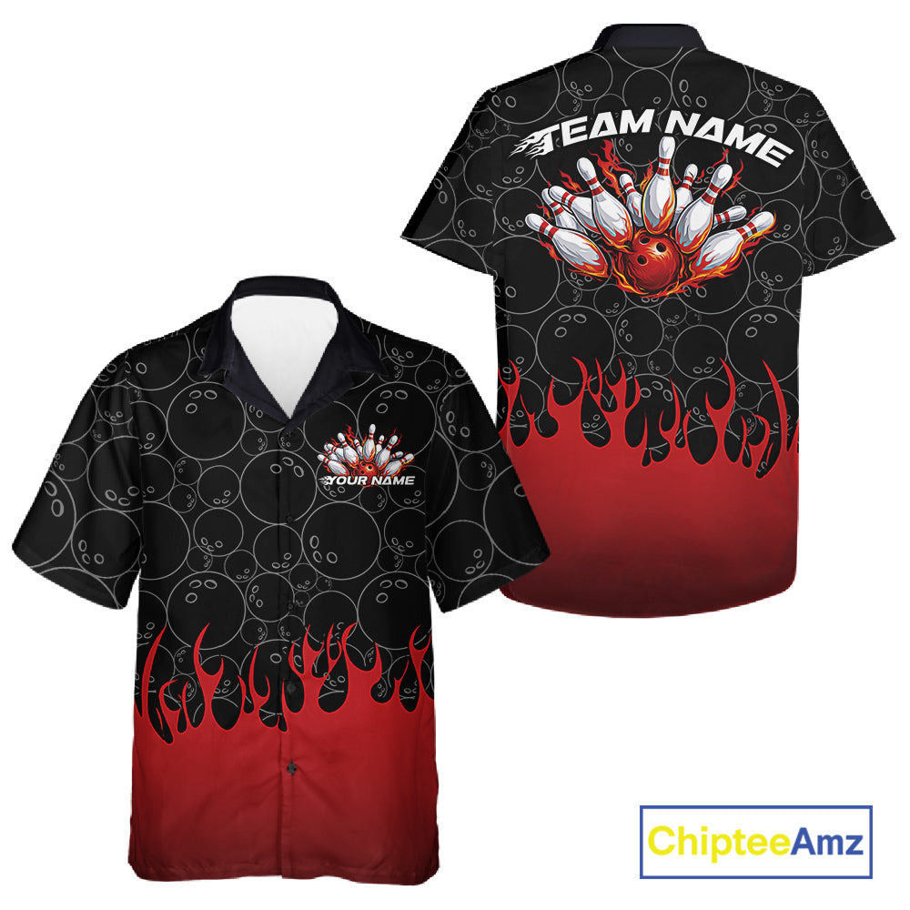 Front and back view of a black button-up bowling shirt mockup showcasing bowling ball pattern with vibrant red flames rising and dynamic bowling strike visuals.