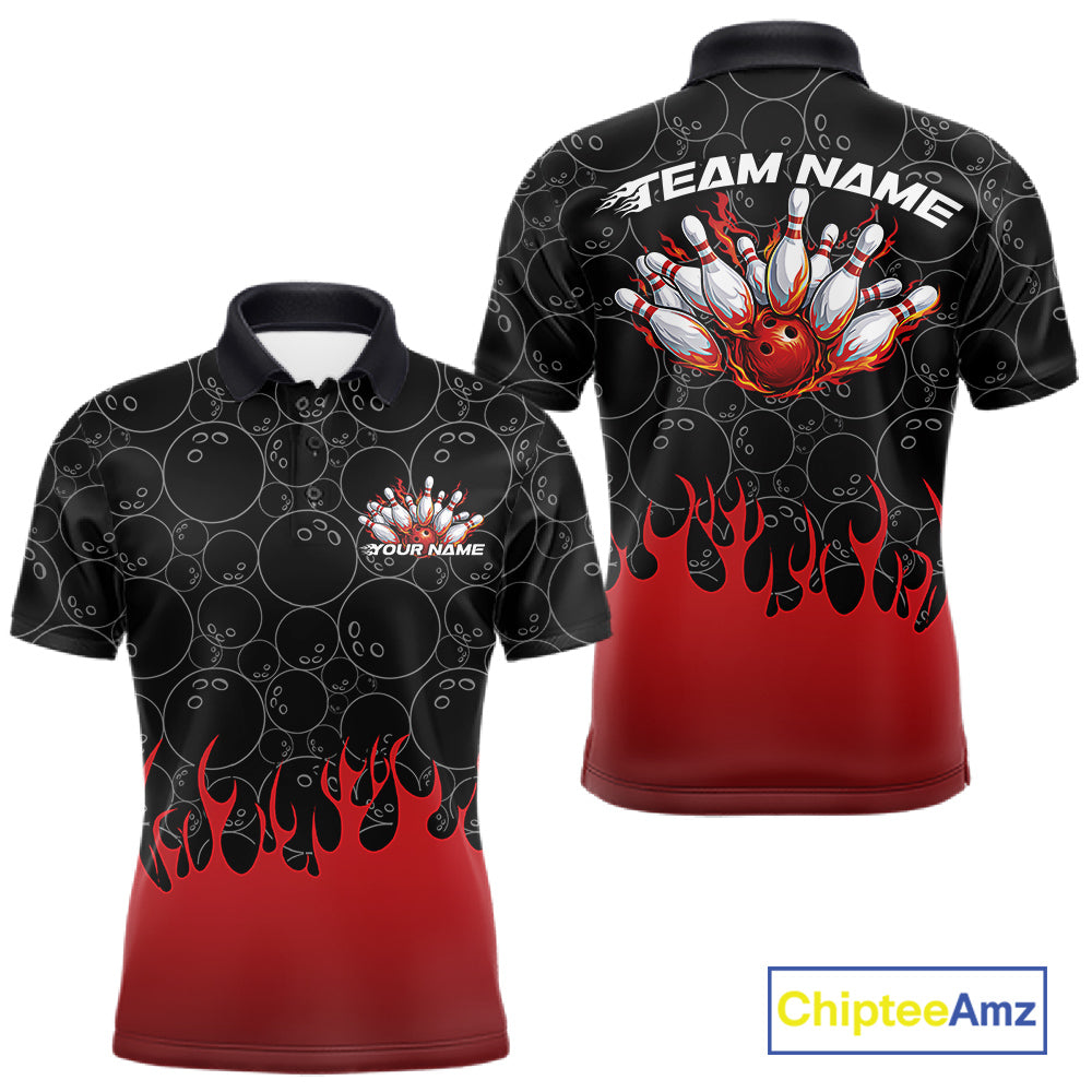 Front and back view of a mens black bowling polo shirt mockup featuring bowling ball pattern with vibrant red flames rising and dynamic flaming bowling graphics.