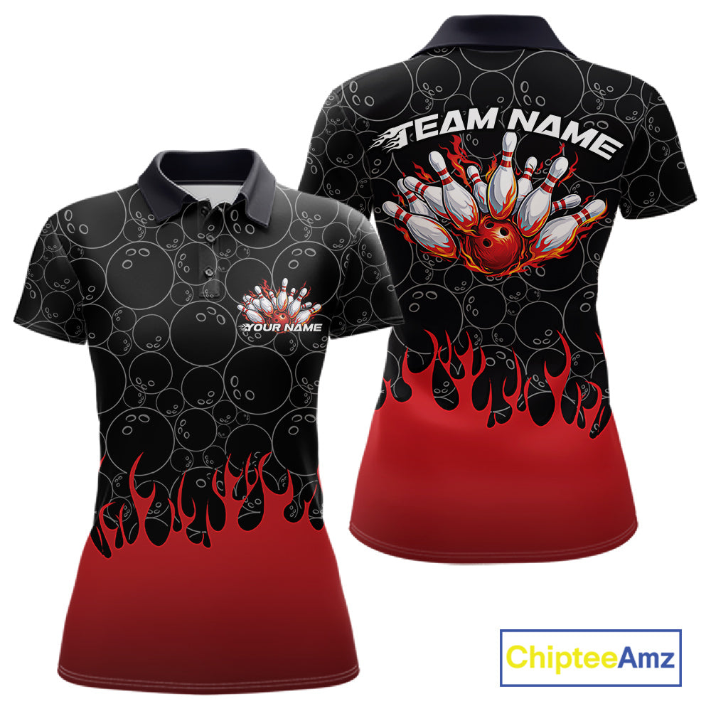 Front and back view of a womens black polo shirt mockup featuring bowling ball pattern with vibrant red flames rising from the bottom and bold bowling graphics.