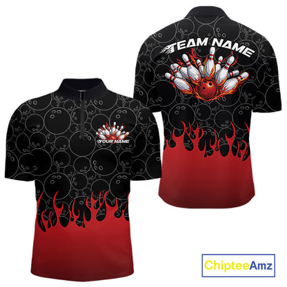 Mens quarter zip bowling shirt mockup featuring black shirt with bowling ball pattern and vibrant red flames rising from the bottom in a bold bowling action design