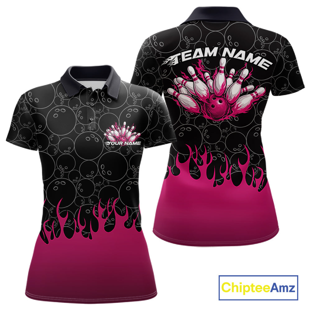 Front and back view of a womens black polo shirt mockup featuring bowling ball pattern with vibrant pink flames rising from the bottom and sporty bowling illustration.
