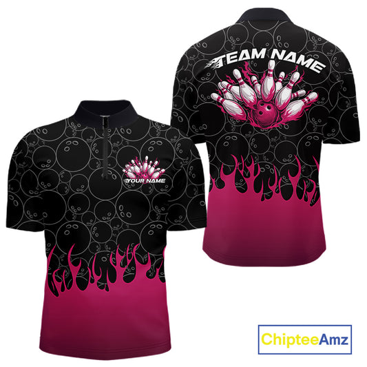 Mens quarter zip bowling shirt mockup showcasing black shirt with bowling ball pattern and vibrant pink flames rising from the lower section in a flaming bowling design