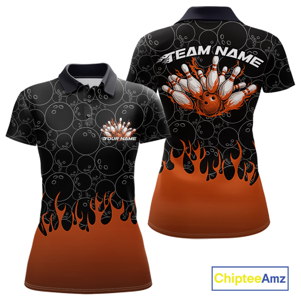 Front and back view of a womens black polo shirt mockup featuring bowling ball pattern with vibrant orange flames rising from the bottom and energetic bowling visuals.