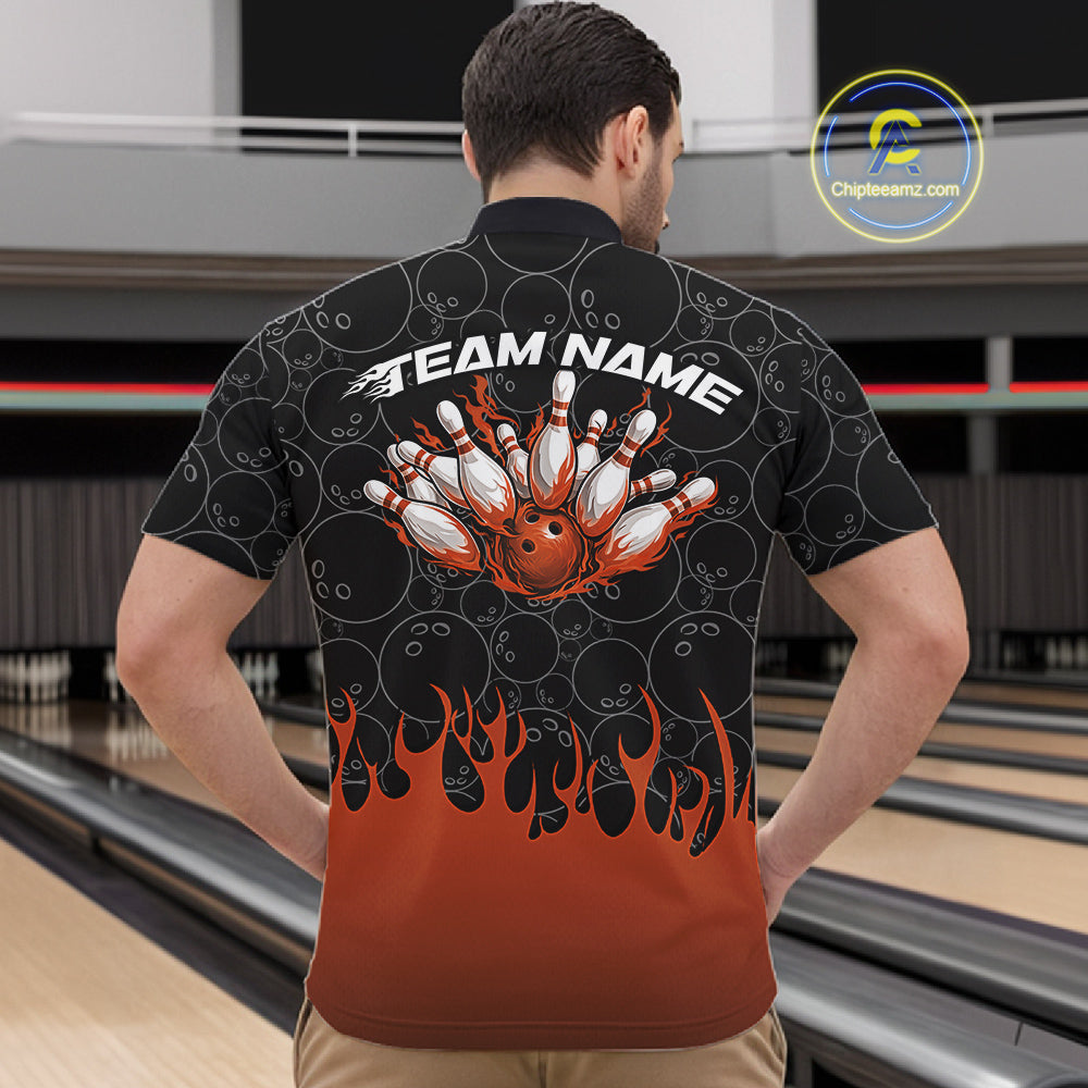 Male model in a bowling lane wearing black quarter zip shirt, front view featuring orange flames rising with bowling ball pattern and energetic sports design