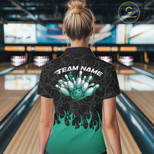 Load image into Gallery viewer, Custom Turquoise Green Flame Bowling Jerseys, Women Quarter-Zip Bowling Tournament Shirt IPHW11276