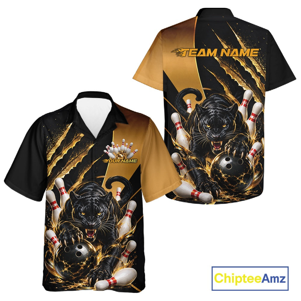 Custom Black And Gold Claw Marks Black Panther Men And Women Bowling Hawaiian Team Shirt IPHW11631