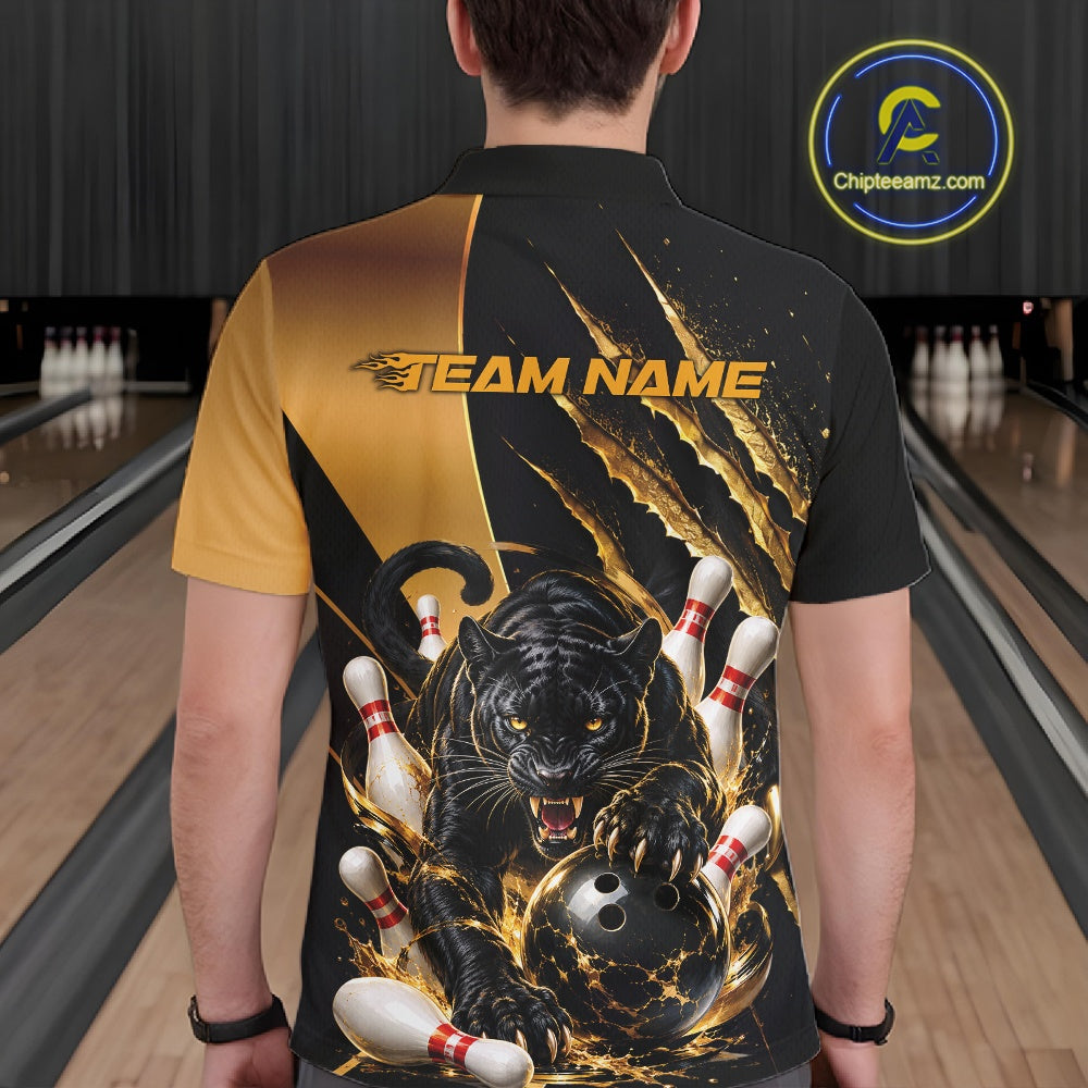 Custom Black And Gold Claw Marks Black Panther Men Bowling Polo Team Shirt IPHW11631