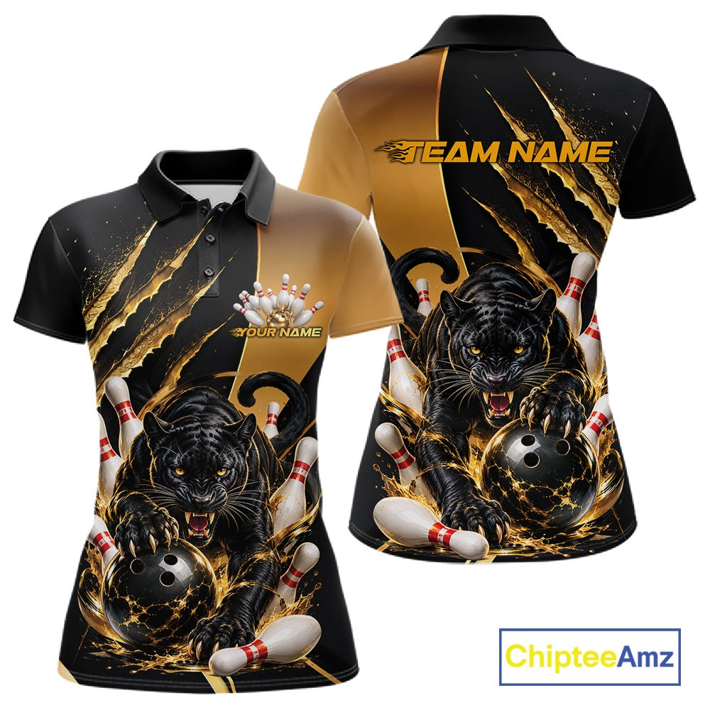 Custom Black And Gold Claw Marks Black Panther Women Bowling Polo Team Shirt IPHW11631