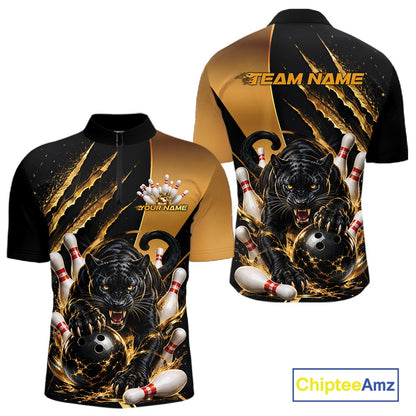 Custom Black And Gold Claw Marks Black Panther Men Bowling Quarter Zip Team Shirt IPHW11631