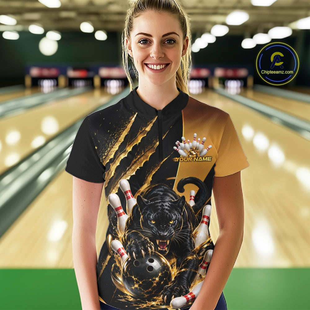 Custom Black And Gold Claw Marks Black Panther Women Bowling Quarter-Zip Team Shirt IPHW11631