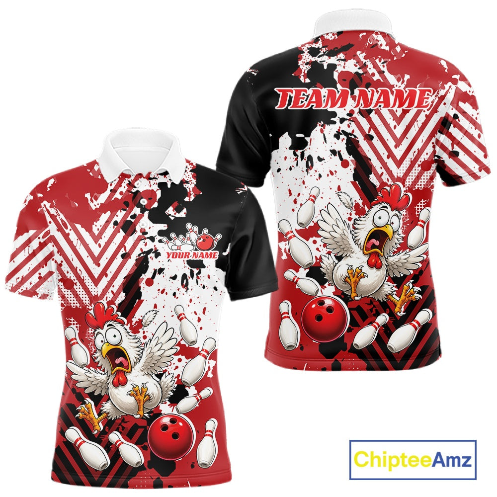 Custom Funny Chicken Bowling Team Shirt For Men, Red Splatter Chicken Bowling Jerseys IPHW11634