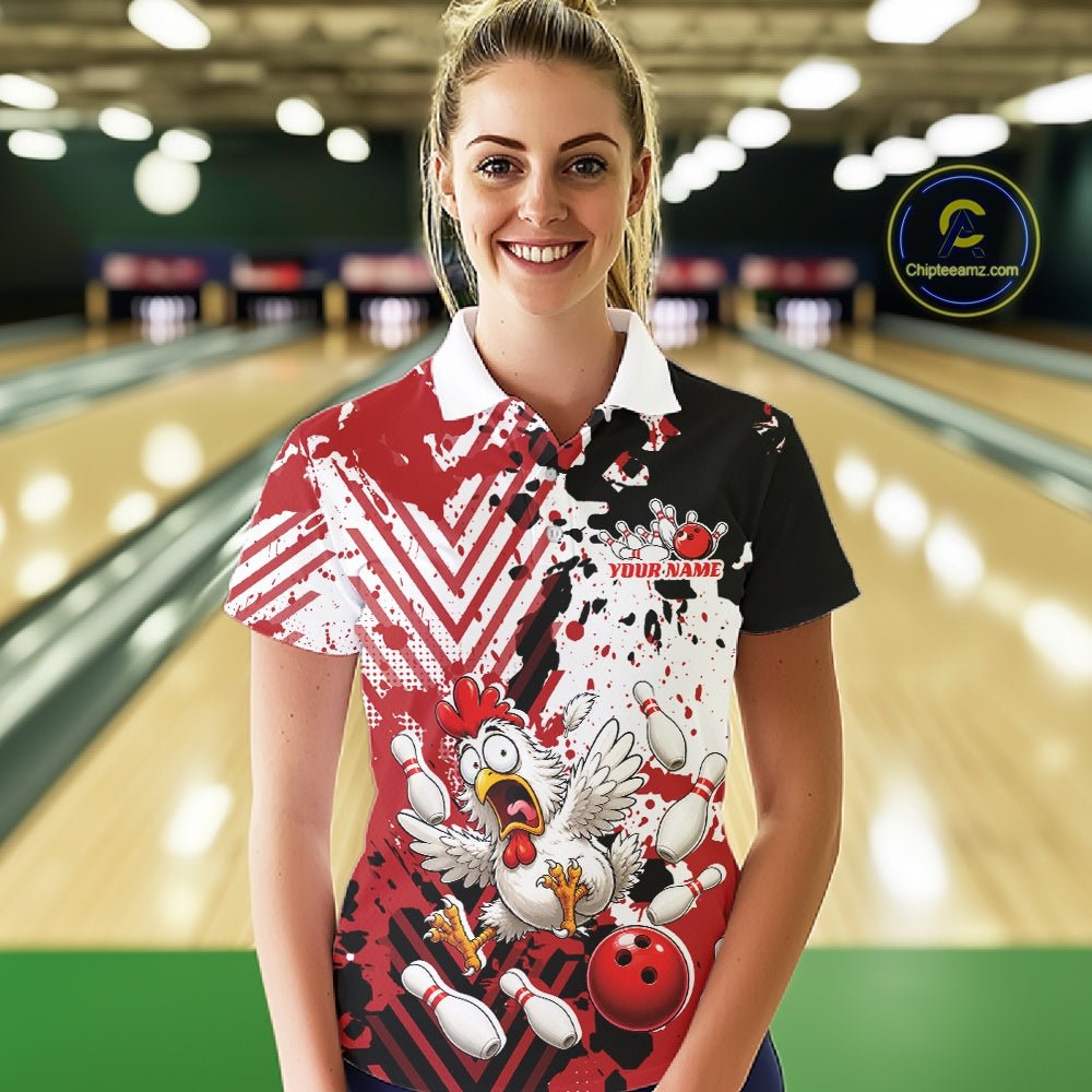 Custom Funny Chicken Bowling Team Shirt For Women, Red Splatter Chicken Bowling Jerseys IPHW11634
