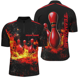 Black And Red Bowling Pins In Flame Custom Bowling Team Shirt For Men, Bowling League Shirts IPHW7721