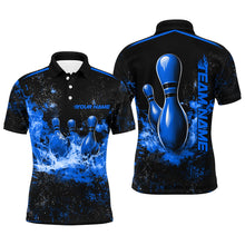 Load image into Gallery viewer, Black And Blue Bowling Pins In Flame Custom Bowling Team Shirt For Men, Bowling League Shirts IPHW7722