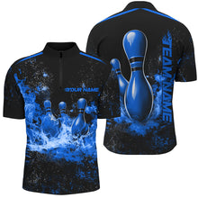 Load image into Gallery viewer, Black And Blue Bowling Pins In Flame Custom Bowling Team Shirt For Men, Bowling League Shirts IPHW7722