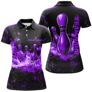 Black And Purple Bowling Pins Flame Custom Ladies Bowling Team Shirt, Bowling League Shirt IPHW7723