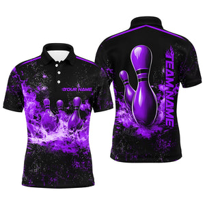 Black And Purple Bowling Pins In Flame Custom Bowling Team Shirt For Men, Bowling League Shirts IPHW7723