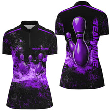 Load image into Gallery viewer, Black And Purple Bowling Pins Flame Custom Ladies Bowling Team Shirt, Bowling League Shirt IPHW7723