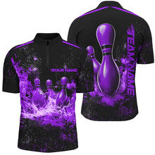 Load image into Gallery viewer, Black And Purple Bowling Pins In Flame Custom Bowling Team Shirt For Men, Bowling League Shirts IPHW7723