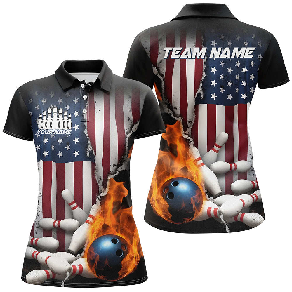 Custom Patriotic Ladies Bowling Team Shirts, US Flag Flame Bowling League Shirt IPHW7725