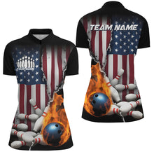 Load image into Gallery viewer, Custom Patriotic Ladies Bowling Team Shirts, US Flag Flame Bowling League Shirt IPHW7725