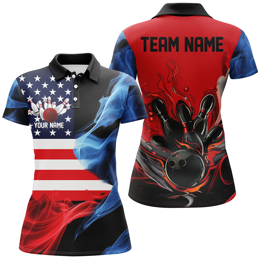 Red White And Blue American Flag Custom US Ladies Bowling Shirts, Patriotic Bowling Shirt IPHW7727