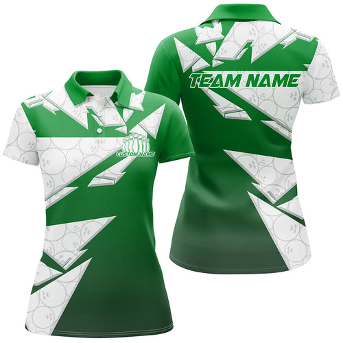 Custom White And Green Bowling Polo Shirts For Women, Bowling League Shirt IPHW8144
