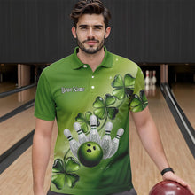 Load image into Gallery viewer, Custom Green Shamprock Saint Patricks Bowling Polo Shirts For Men, Lucky Bowling Team Shirt IPHW8578