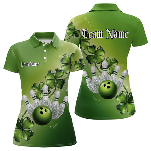 Custom Green Shamprock Saint Patricks Bowling Womens Polo Shirts, Lucky Bowling Team Shirt IPHW8578
