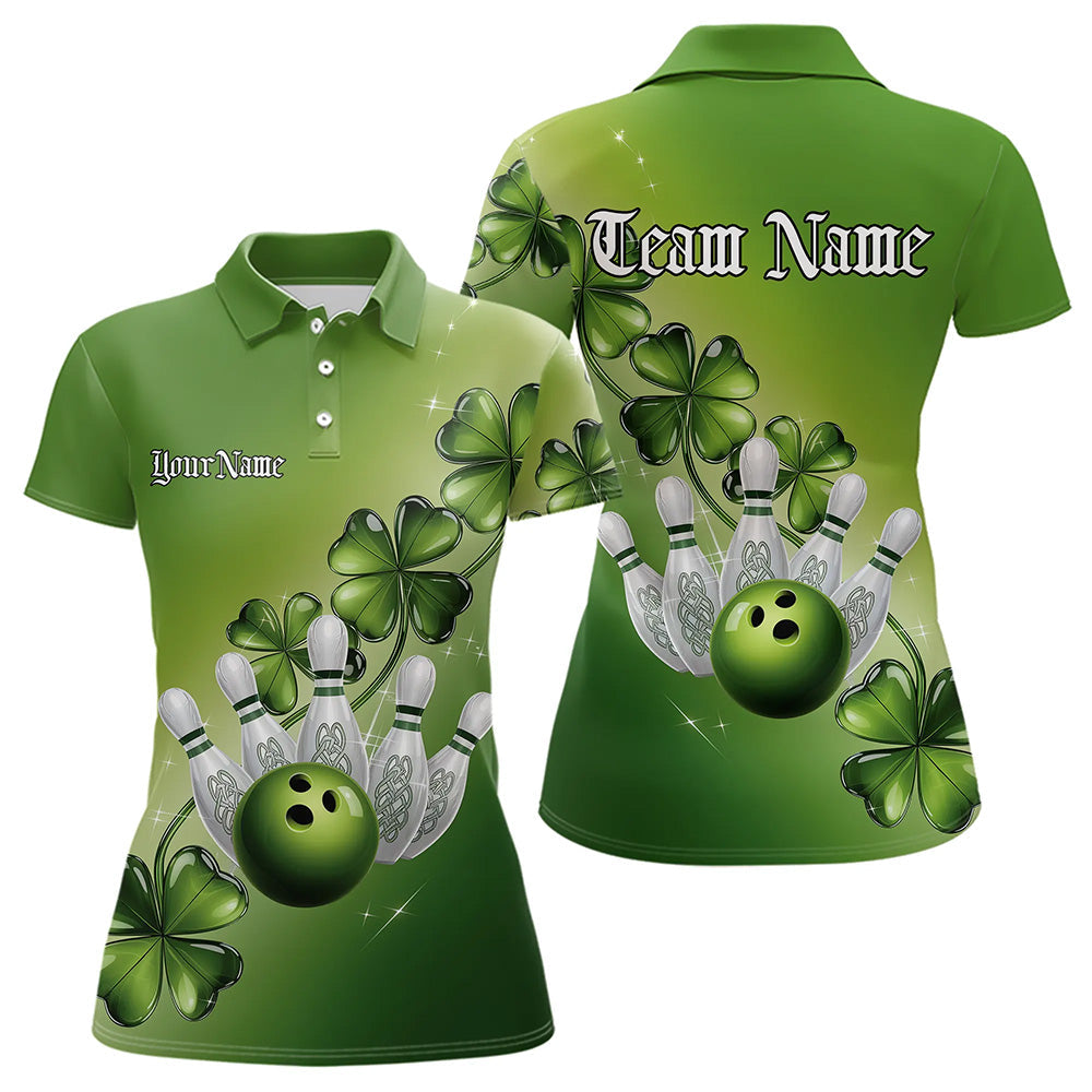 Custom Green Shamprock Saint Patricks Bowling Womens Polo Shirts, Lucky Bowling Team Shirt IPHW8578