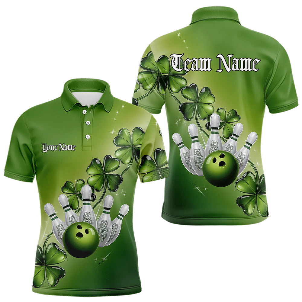 Custom Green Shamprock Saint Patricks Bowling Polo Shirts For Men, Lucky Bowling Team Shirt IPHW8578