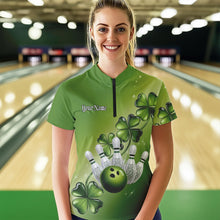 Load image into Gallery viewer, Custom Green Shamprock Saint Patricks Bowling Womens Quarter-Zip Shirt, Lucky Bowling Shirt IPHW8578