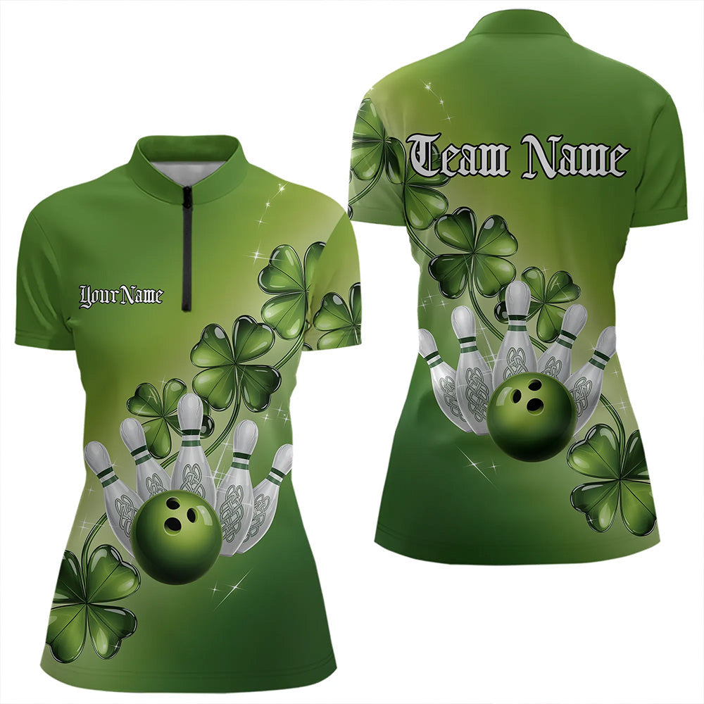 Custom Green Shamprock Saint Patricks Bowling Womens Quarter-Zip Shirt, Lucky Bowling Shirt IPHW8578