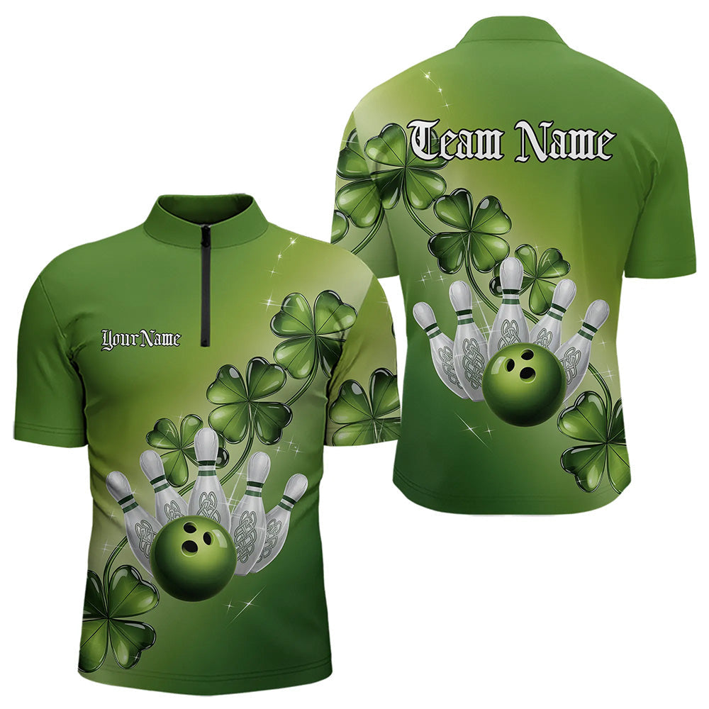 Custom Green Shamprock Saint Patricks Bowling Quarter-Zip Shirts For Men, Lucky Bowling Team Shirt IPHW8578