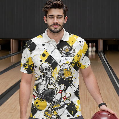 Custom Yellow Argyle Pattern Funny Skeleton Bowling And Beer Men Polo Shirts, Team Outfit IPHW8892
