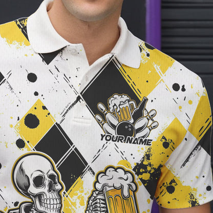 Custom Yellow Argyle Pattern Funny Skeleton Bowling And Beer Men Polo Shirts, Team Outfit IPHW8892