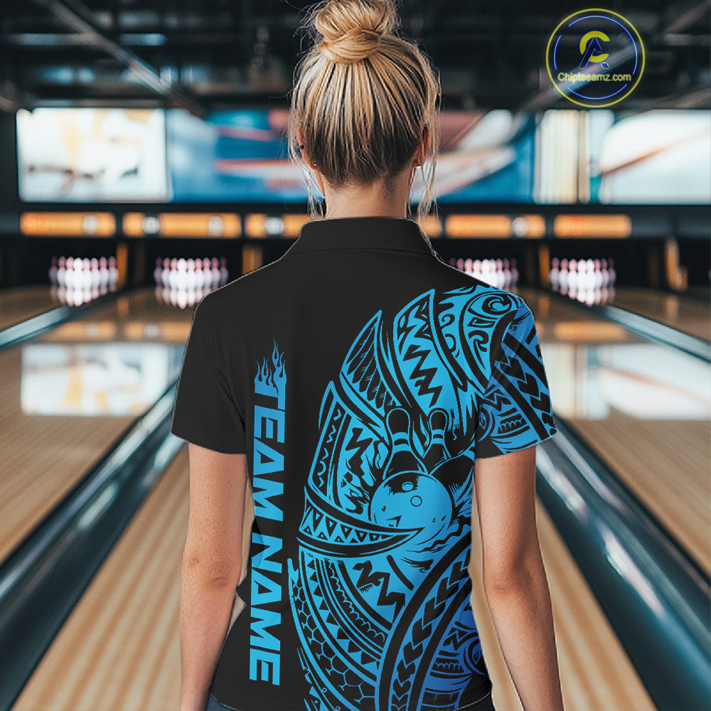 Back view of a female model in a black and blue bowling polo shirt displaying tribal swirl bowling graphics.