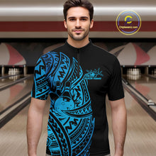 Load image into Gallery viewer, Custom Black And Blue Polynesian Tribal Bowling Men Shirt, Maori Bowling League Shirt IPHW10970