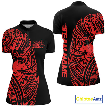 Front and back views of a black and red womens bowling quarter-zip shirt showcasing bowling pins and ball framed by bold tribal patterns.