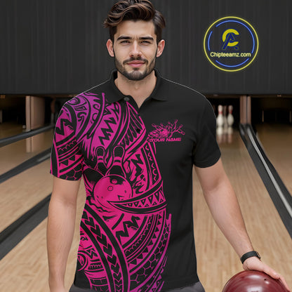 Male model wearing a black and pink bowling polo shirt at the bowling lane with Polynesian-inspired bowling artwork.