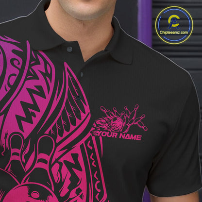 Left chest close-up of a black and pink bowling polo shirt featuring bowling motifs framed by tribal patterns.