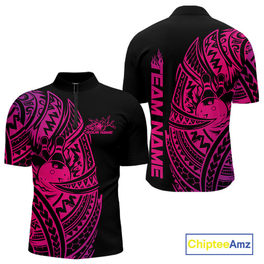 Front and back views of a black and pink mens bowling quarter-zip shirt featuring bowling ball and pin artwork framed by bold tribal swirls.