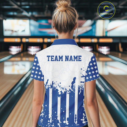 Custom blue American flag patriotic women's bowling quarter-zip shirt with customized team text field.